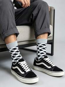 1/3/6 Pairs Men's Retro Geometric Argyle Mid-Calf Socks, Soft Breathable Classic Color Block Design Dress Socks, Suitable For Daily Casual Wear And Office - Multicolor - View 5