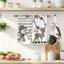 4pcs Kitchen Absorbent Towels, Made Of Polyester Material, Printed With Line Grid Christmas Snowman Pattern, Suitable For Kitchen, Bathroom, Ideal Choice For Housewives And Family Gatherings, High Cost-Performance Home Supplies, Great For Daily Decoration And Room Decor. - Multicolor - View 7
