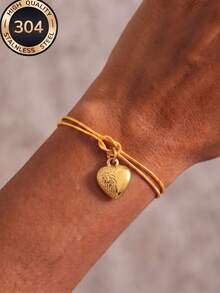 1pc Women's Golden Heart Charm Bracelet, Embossed Pattern Adjustable Double Cord Wrist Accessory - Gold - View 1