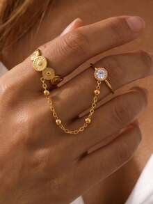 1pc Golden Plated Double Finger Chain Ring, Sunburst Disc & Round Cubic Zirconia Linked Ring With Ball Bead Chain, For Women Daily Party Jewelry Gift - Gold - View 1