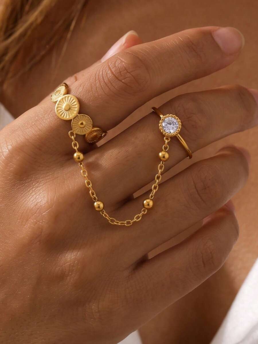 1pc Golden Plated Double Finger Chain Ring, Sunburst Disc & Round Cubic Zirconia Linked Ring With Ball Bead Chain, For Women Daily Party Jewelry Gift - Gold - View 1