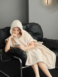 1pc Solid Color Hooded Wearable Blanket, Double-Sided Fleece Versatile Cape Blanket, Home Throw Blanket For Nap - Beige - View 7
