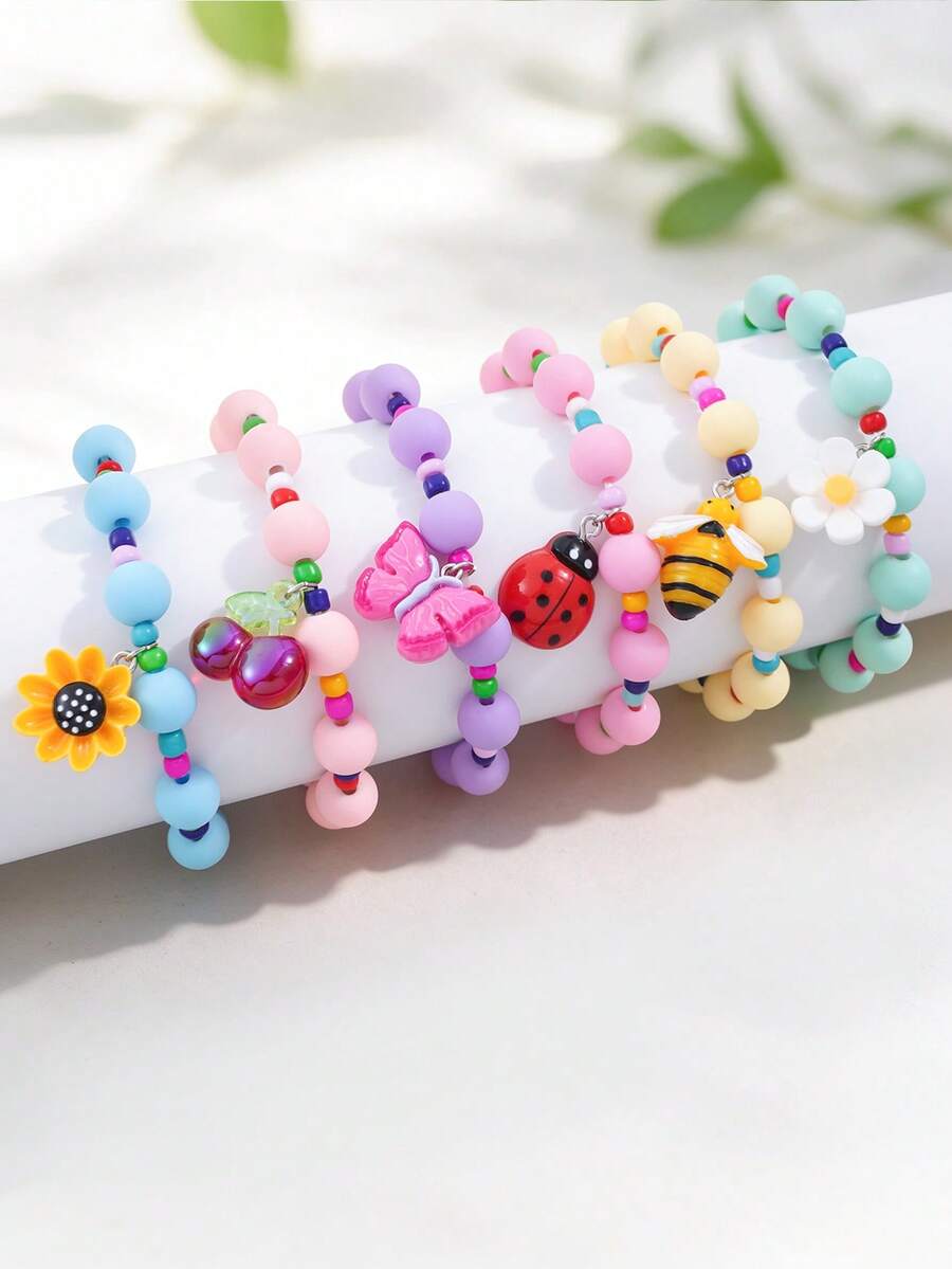 Bộ 6 vòng tay hạt chuỗi màu sắc dễ thương cho bé gái, vòng co giãn handmade kèm charm bướm, ong, bọ rùa, hoa hướng dương và hoa cúc, trang sức quà tặng tiệc cho bé - Nhiều màu - Xem 1