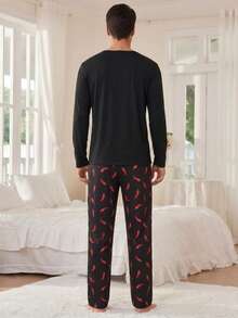 Men's Fun Home Set - Long Sleeve T-Shirt With Chili Pepper Cartoon Print + Black Pants With Red Chili Pepper Pattern, Casual 2 Pieces Pajama Set, Suitable For Relaxation - Black - View 2