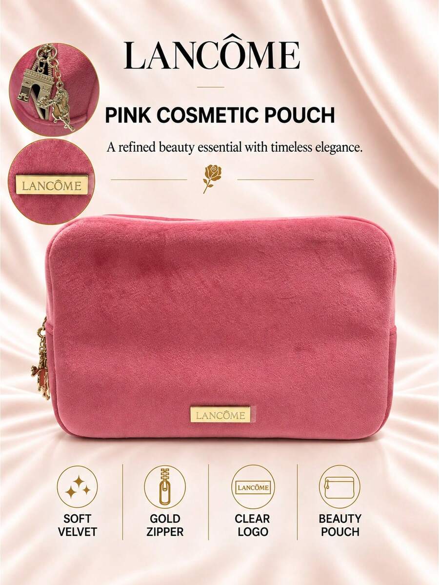Lancôme Pink Velvet Makeup Bag, 20cm*16cm, Single Piece, Soft Large Capacity, Cosmetic Storage, Daily Use And Travel