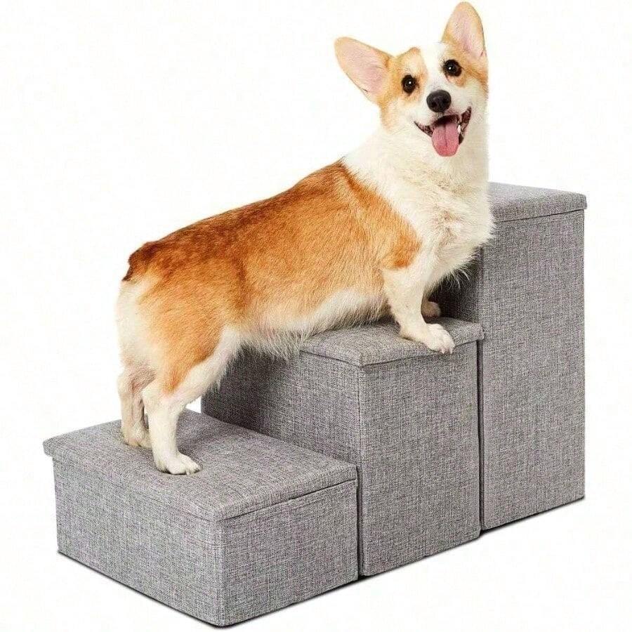 Dog Stairs With Storage And Adjustable Steps A Puppy, Small Or Medium Dog - Solid - View 1