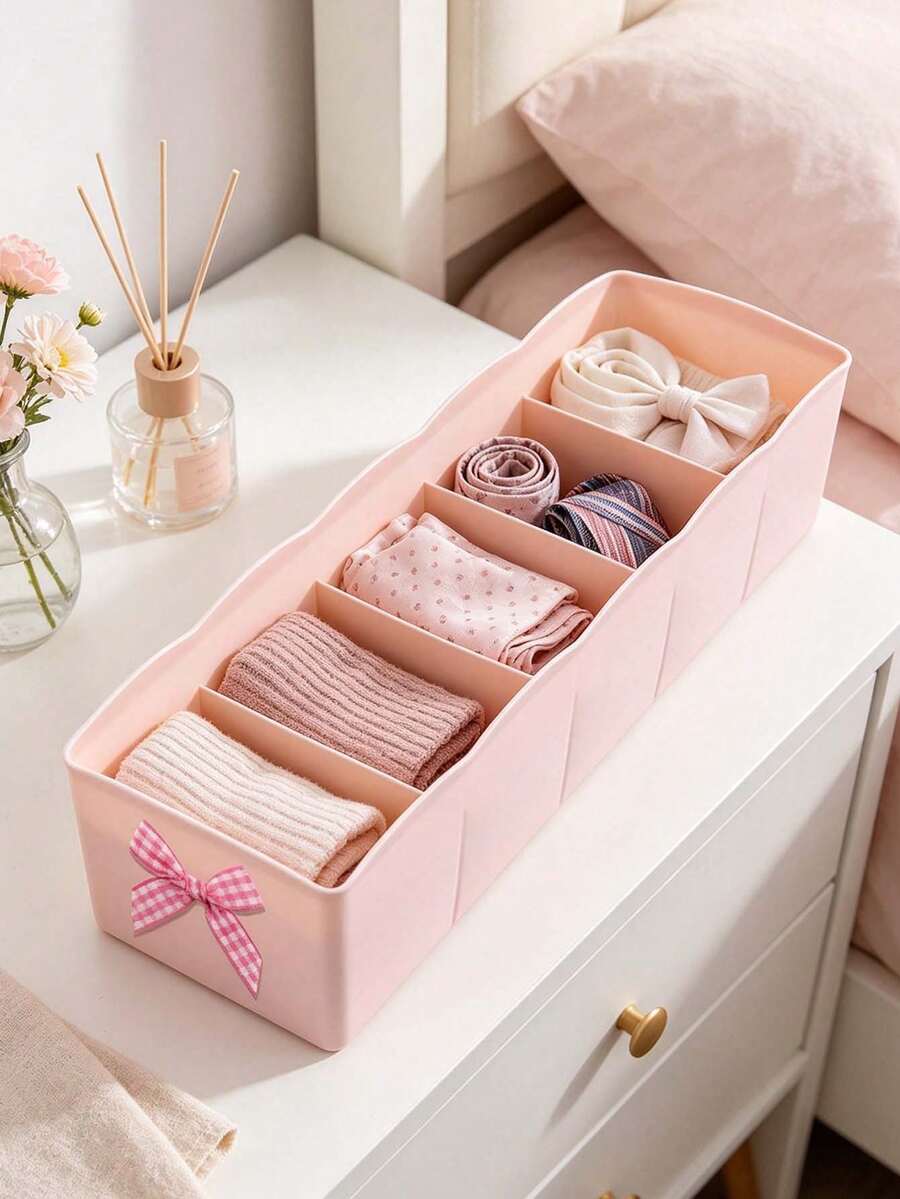 5 Grid Cosmetic Storage Box With Plaid Bow,Desktop Makeup Organizer,Sock Storage Box,Stackable Underwear Organizer Box,Plastic Divided Holder For Lipstick Eyeshadow Vanity Table,For Home Wardrobe Bathroom Desktop Storage,Housewarming Gift - Multicolor - View 1