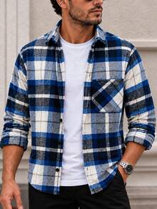 Men's Plaid Long Sleeve Shirt - Casual Button-Down Plaid Shirt With Collar - Blue - View 1