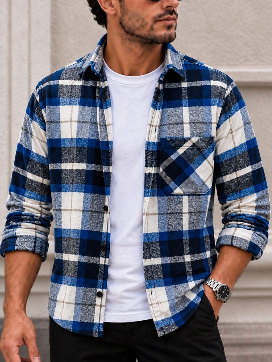 Men's Plaid Long Sleeve Shirt - Casual Button-Down Plaid Shirt With Collar - Blue - View 1