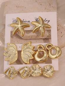 Set Anting-Anting 5 Pasang Bentuk Bintang Laut/Sayap//Daun Teratai/Asimetris Emas - Emas - View 3