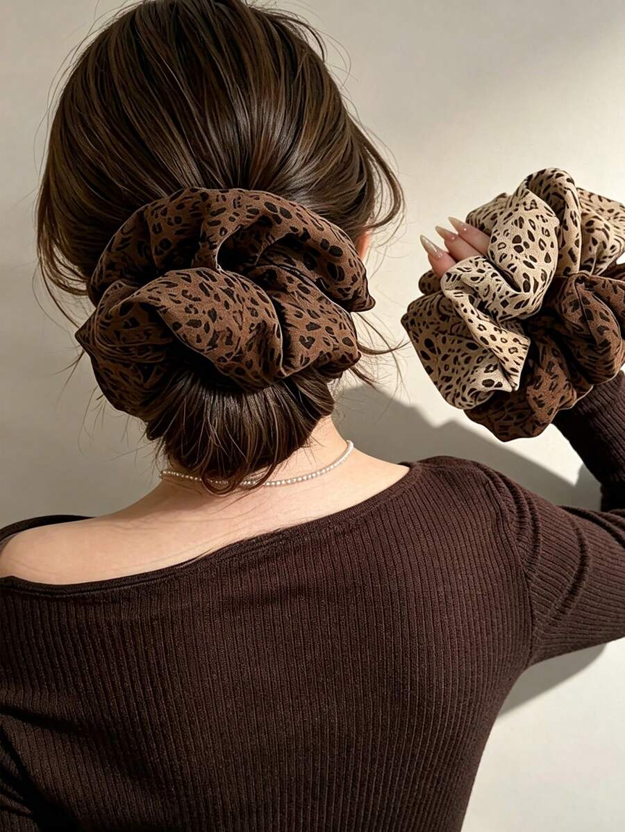1/2pcs Oversized Leopard Print Hair Scrunchies, Elastic Rubber Hair Clips, Cute Hair Accessories For Bun And Ponytail