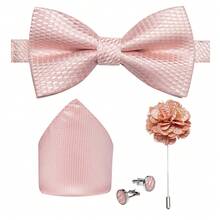 Men's Pre-Tied Bow Tie 4-Piece Set, Pink Fine Plaid Jacquard Pocket Square, Cufflinks, Lapel Flower, Formal Occasion Dress Accessory - Pink - View 3