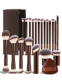Professional Dual-Ended Makeup Brush Set - Featuring Angled And Tapered Designs For Foundation, Contour, Blush, Powder, Eyeshadow, Concealer, Highlighter, And Blending Brushes. Soft Fiber Bristles, Perfect Gift For Women And Girls - Coffee Brown - View 7