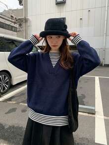 Women's Winter Loose Knit Sweater With 2 In 1 Striped Colorblock Design - Navy Blue - View 1