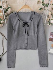 Grey Wavy Ruffle Collar Tie-Front Bow Knitted Cardigan Women's Slim Fit Ruffle Cuff Long Sleeve Top Base Layer - Grey - View 8