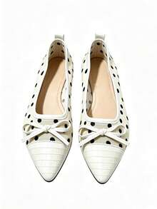 French Polka Dot Mesh Pointed Toe Flat Shoes For Women, Soft Bow & Plaid Toe Patchwork, Low-Cut Breathable Soft Sole Driving Loafers, Versatile For Commuting, Dating And Daily Wear - White - View 2