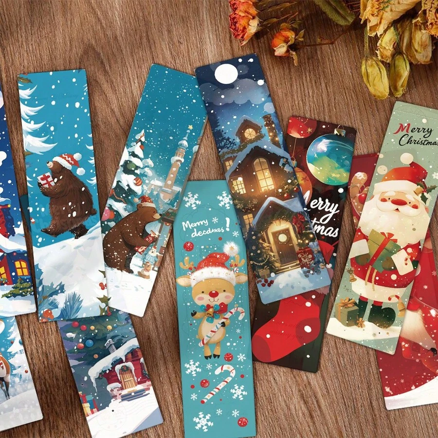 24pcs Christmas Bookmarks, Christmas Theme Holiday Party Photo Decoration Paper Bookmarks DIY Reading Cardstock - A - View 1