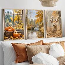 3-Piece Frameless Canvas Wall Art Set, Warm Autumn Pumpkin And Stag Forest Bridge Print, Suitable For Living Room And Bedroom Rustic Decor Poster, Autumn Holiday Gift - Green - View 6