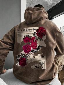 Men's Faux Washed Distressed Rose & Newspaper Print Hoodie, Loose Casual Pullover Sweatshirt - Brown - View 2