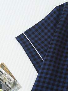 2pcs Women's Comfortable Plaid Print Short Sleeve Collared Top And Bow Shorts Pajama Set - Blue - View 6