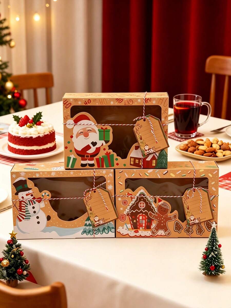 27pcs New Christmas Kraft Paper Window Gingerbread Gift Box, Creative Candy Gift Box, Santa Claus, Snowman And Gingerbread Man Pattern, Suitable For Christmas Birthday Gift Box, Christmas Party Planning, Home Baking Enthusiasts, Holiday Gifts