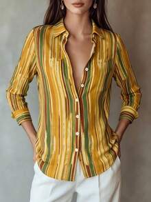 Women's Vintage Striped Button Shirt Collar Long Sleeve Top, Regular Fit Polyester Blouse, Creating A Retro Fashion Look - Yellow - View 3