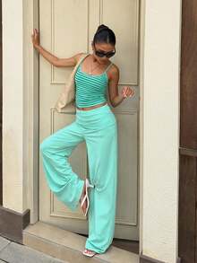 Women's Folded High Waist Flared Long Pants, Solid Color Wide Leg Long Trousers, Daily Street Casual Wear - Mint Green - View 10