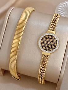 1Pc/Set Minimalist Round Flower Of Life Snake Chain Stainless Steel Bracelet Set,For Women,Party,Daily,Office,Christmas,Boho,Valentine Birthday Gifts - Multicolor - View 1