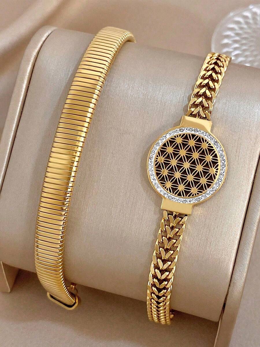 1Pc/Set Minimalist Round Flower Of Life Snake Chain Stainless Steel Bracelet Set,For Women,Party,Daily,Office,Christmas,Boho,Valentine Birthday Gifts - Multicolor - View 1