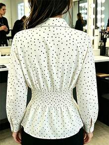 SuofeiMan Women's White Polka Dot Blouse, Long Puff Sleeve Collared Button-Up Top With Ruffle Hem, Casual White Dress-Style Top, Suitable For Daily Commute And Party, Autumn/Winter Essential - Beige - View 3
