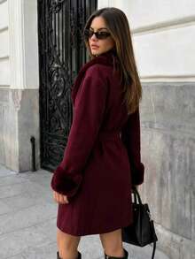 Women's Elegant Faux Fur Collar And Cuffs Mid-Length Coat, Tie Waist ...