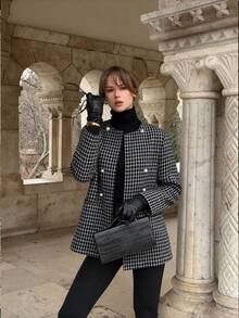 Women's Fashion Black Plaid Tweed Blazer, Double-Breasted Long Sleeve Regular Fit, Autumn Essential - Black and White - View 1