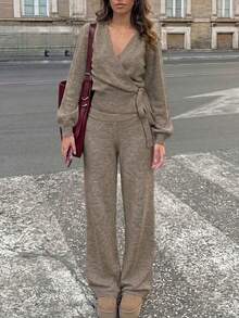 Women's Fashion Casual Sweater + Mid-Waist Pants 2pcs Set - Camel Brown - View 3
