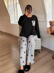 Women's Minimalist Star Stripe Home Set, Plus Size Long Sleeve Top With Pockets And Wide Leg Pants, Comfortable Pajamas - Black - View 4