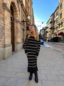 Sweater Dress; Women Striped Pattern Drop Shoulder Polo Neck, 26 Fall/ Winter New - Black - View 2