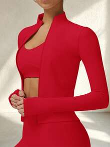 Women's Thumbhole Stand Collar Zip-Up Cropped Jacket, Slim Fit Seamless Cardigan For Running, Yoga, Pilates, Gym - Red - View 4