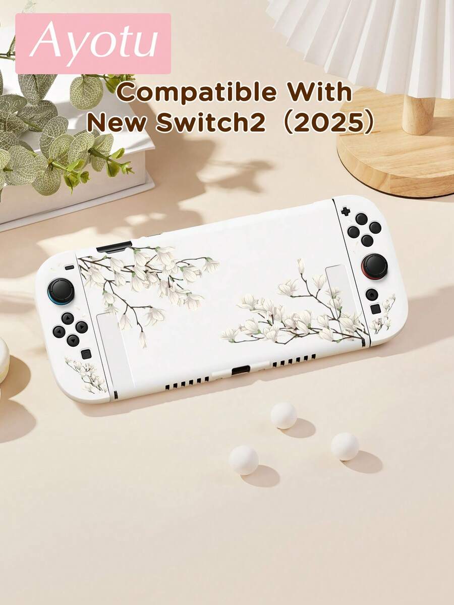 Ayotu Oil Painting White Magnolia & Petal Pattern Protective Case, Compatible With Switch, Suitable For New Switch2(2025)/Switch NS/Switch OLED, Can Be Installed Into Dock Without Removing Protective Case, Universal Game Controller Protective Cover, Switch Game Accessories, Anti-Drop, Anti-Slip, Anti-Scratch, Fashionable And Beautiful, Suitable For Autumn/Christmas/Back To School/Winter/Easter/Birthday Gifts And Other Occasions.