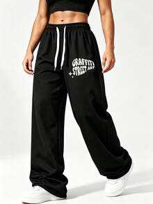 1pc Women's Graffiti Letter Print Wide Leg Sweatpants, Soft Comfortable Breathable Jogging Fitness Sports Long Pants, Spring Autumn - Black - View 12