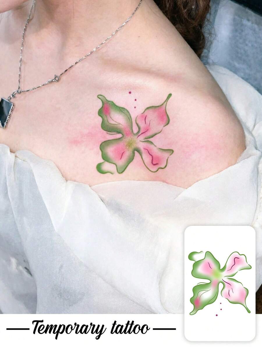 1pc Temporary Tattoo Sticker, Pink Green Gradient Abstract 4-Petal Flower Pattern, Realistic Fake Tattoo Design, Suitable For Daily, Bachelorette Party Favors, Music Festivals, Cosplay, Graduation Gifts, Lasts 3-5 Days - Multicolor - View 1