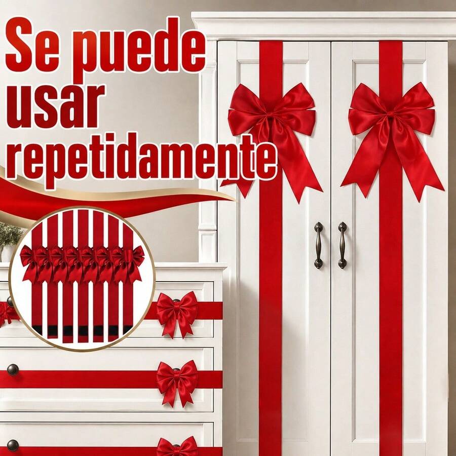 Christmas Red Cabinet Bows, 198cm Polyester Decorative Ribbon With Hook And Loop Fastener For Kitchen Cupboard, Door And Window Holiday Decor - 8Pcs - View 1