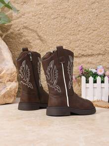 Girls' Vintage Playful Brown Side Zipper Western Boots With Wing-Shaped Line Pattern, Suitable For Holiday Outings And Autumn/Winter Outfits - Brown - View 6