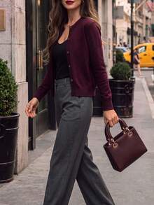 DONICY Women's Burgundy Round Neck Single Breasted Cropped Knit Cardigan Sweater, Spring/Autumn Casual & Office Wear Winter - Burgundy - View 10