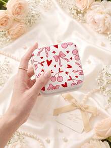 Cherry & Bow Style Jewelry Box For Women,PU Leather Portable Travel Jewelry Storage Box With 3 Necklace Hooks, Ring Storage Compartment,Gift Ideas - Cherry & Bow - View 10