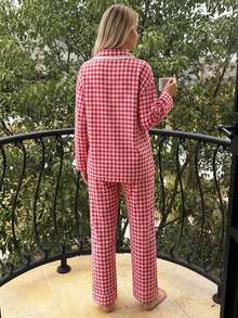DAZY 2pcs Women's Plaid Print Lace Patchwork Long Sleeve Pajama Top + Elastic Waist Long Pants Loungewear Set - Red - View 5