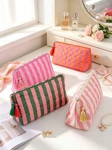 Striped Quilted Make Bag With Tassel Zipper, Large‑Capacity Makeup Pouch, Travel Toiletry Storage Organizer, Cash Coin Purse,Card Holder; Clutch Bag - Multicolor - View 5