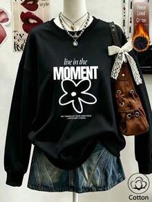 Streetwear Crewneck Sweatshirt With Letter & Floral Print, Warm Fleece-Lined Loose Fit For Autumn Winter - Black - View 10