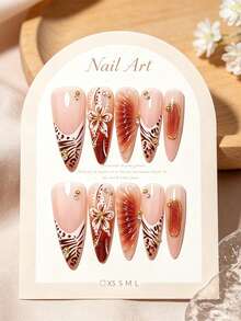24pcs  Handmade Long Pointed Nail Stickers, With A Nude Base Featuring Leopard Print, 3D Flowers, And Brown Gradient, Decorated With Rhinestones And Small Gold Accessories, Reusable, Perfect For Autumn Parties And Everyday Wear - Rust Brown - View 7
