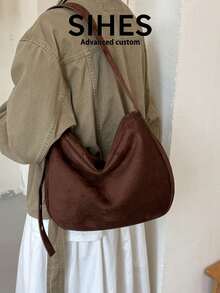 1pc Solid Color Suede Velvet New Women's Bag, Shoulder Bag, Crossbody Bag, Fashion Large Capacity Square Bag, Zipper Closure, Suitable For Commuting, Shopping, Dating, Shopping - Coffee - View 2