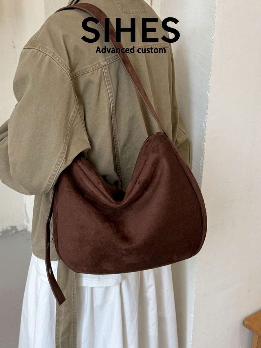 1pc Solid Color Suede Velvet New Women's Bag, Shoulder Bag, Crossbody Bag, Fashion Large Capacity Square Bag, Zipper Closure, Suitable For Commuting, Shopping, Dating, Shopping