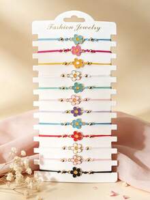 12pcs/Set Alloy 5-Petal Flower Woven Bracelet Set, Colorful Adjustable Personalized Friendship Bracelets For Back To School - 12pc Flowers - View 3